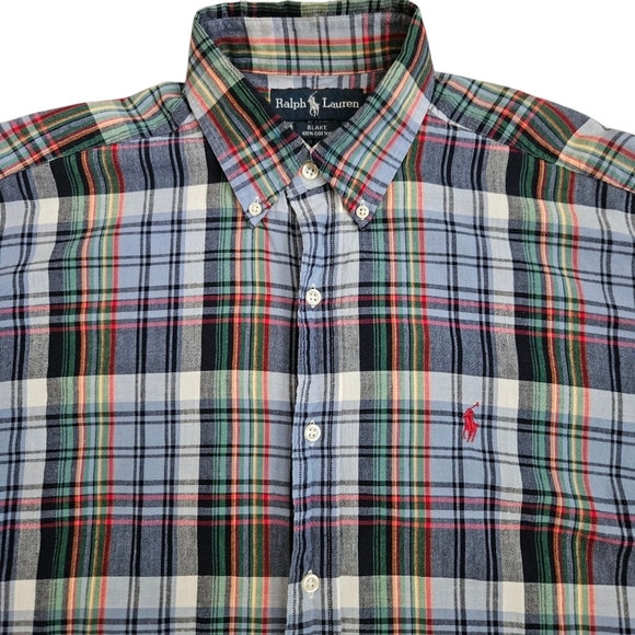 Ralph Lauren Shirt Plaid Check Short Sleeve Blue Red Men's Medium - Picture 2 of 6